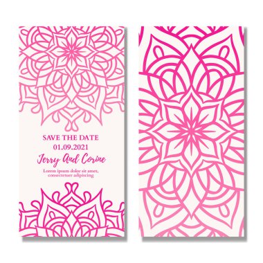 Mandala gradyan tasarımlı klasik düğün davetiyesi. Mandala düğün davetiye şablonu