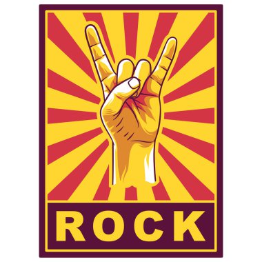 Rock n roll ya da heavy metal el hareketi posteri. İki parmak yukarı. Taş el hareketi. Boynuz