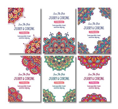 Çiçekli mandala tasarımlı klasik düğün davetiyesi seti, Mandala düğün davetiyesi.