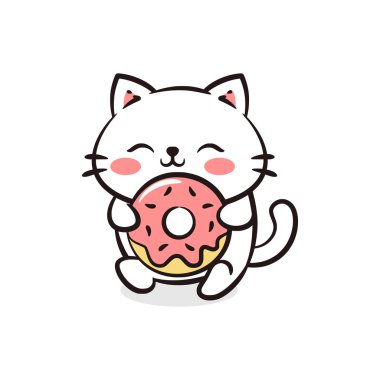 Tatlı beyaz bir kedi yavrusu karakteri lezzetli pembe bir çöreği serpiştiriyor. Yemek temalı tasarımlar ve çıkartmalar için mükemmel..