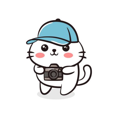 Mavi şapkalı ve elinde DSLR kamerası olan sevimli bir kedi. Fotoğraf, seyahat ve hobi tasarımları için harika..