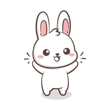 Neşeli beyaz tavşan karakteri mutlu bir ifadeyle kutluyor ve kollarını kaldırıyor. Heyecanı, başarıyı ya da çocukların tebrik kartlarındaki olumlu titreşimleri ifade etmek için mükemmel..