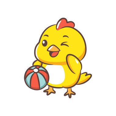 Çizgili bir plaj topu tutan sevimli bir piliç karakteri neşeyle göz kırpıyor..