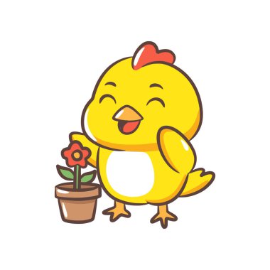 Kırmızı çiçekli kahverengi bir saksının yanında duran küçük sarı bir piliç..