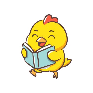 Sarı bir civciv yürürken elinde açık mavi bir kitap tutuyor ve okuyor.