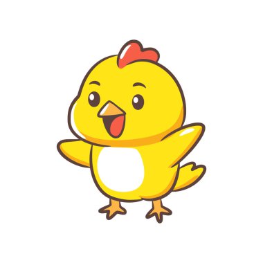 Neşeli sarı bir civciv mutlu bir pozla kanatlarını açarak ayakta duruyor..