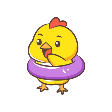 Yüzmek için mor şişirilebilir yüzme halkasının içinde duran tatlı bir civciv..