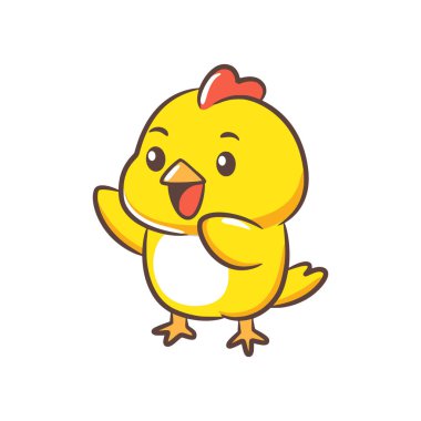 Neşeli bir piliç karakteri açık gözlerle gülümserken sol kanadını sallıyor..