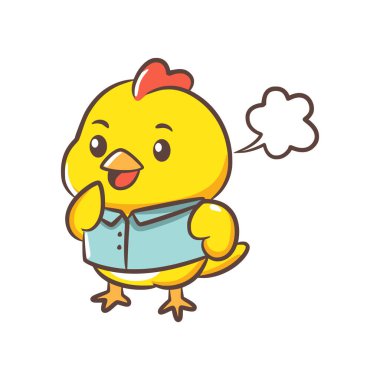 Mavi gömlekli tatlı bir piliç. Küçük beyaz bir pufla düşünceli görünüyor..