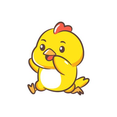 Sarı bir civciv koşar bağırır ya da heyecanla bağırır.