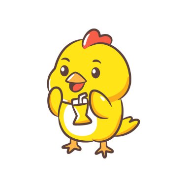 Bir bardak meyve suyu tutan ve içmeye hazır sevimli sarı bir piliç..