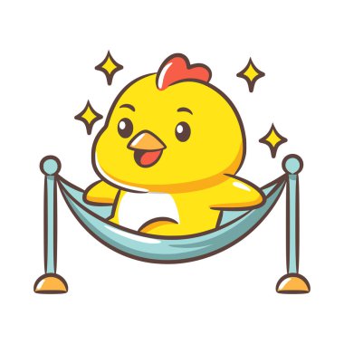 Mutlu bir civciv iki direğin desteklediği bir hamakta otururken boş vakitlerin tadını çıkarıyor..