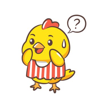 Kırmızı ve beyaz çizgili gömlek giyen sarı bir piliç soru işaretiyle şaşırmış görünüyor..