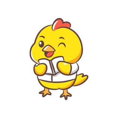 Beyaz gömlek giyen sarı bir civciv elinde beyaz bir kitap tutuyor ve okuyor..