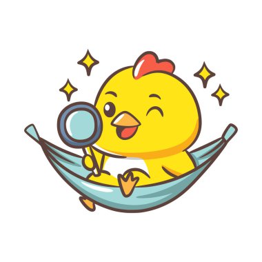 Mavi bir hamakta uzanırken büyüteç kullanan neşeli bir piliç..