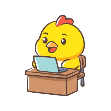 Masada oturan sarı bir piliç mavi bir dizüstü bilgisayarla çalışmaya odaklanmış..