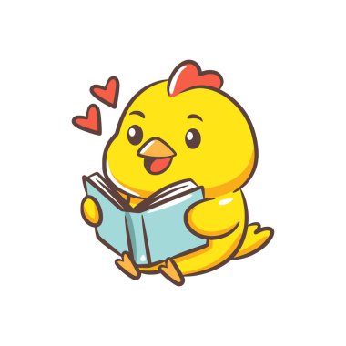 Mutlu bir piliç oturuyor ve mavi bir kitap okuyor. Kırmızı kalpleriyle hikayelere olan aşkını gösteriyor..