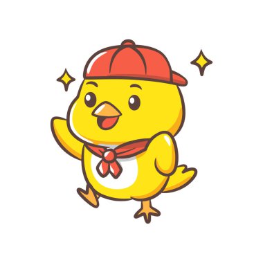 Mutlu bir şekilde yürürken kırmızı bir şapka ve atkı takan neşeli bir bebek..