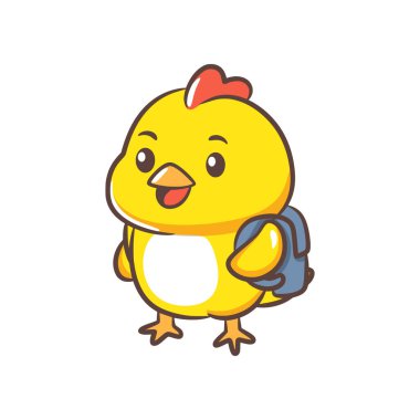 Sırtına mavi okul çantası takan sarı bir piliç..