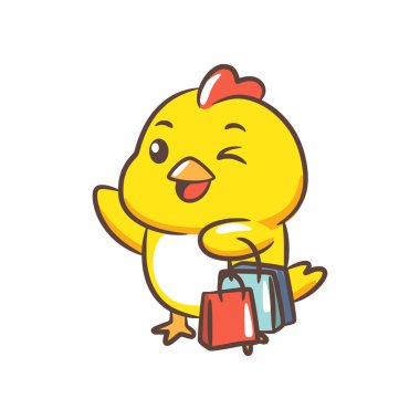 Göz kırpan bir piliç, kanadında birkaç alışveriş torbası taşımaktan mutluluk duyar..