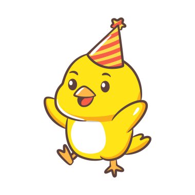 Kanatları havada çizgili parti şapkası takan heyecanlı bir piliç..