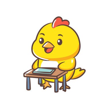 Tahta bir masanın arkasında oturan küçük sarı bir tavuk dokunmatik ekran tableti kullanıyor..