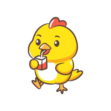 Elinde meyve suyu olan ve pipetle içen sevimli bir tavuk karakteri..
