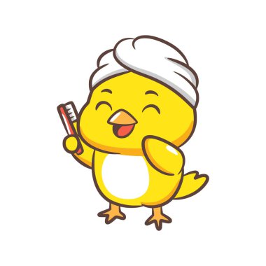 Kafasına havlu sarılmış sarı bir piliç diş fırçası tutuyor..