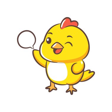 Sevimli sarı bir piliç boş bir yuvarlak konuşma balonuyla yukarı bakıyor..