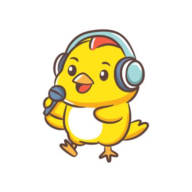 Mavi kulaklık takan ve şarkı söylerken mikrofon tutan mutlu, sarı bir piliç..