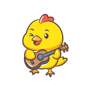 Neşeli göz kırpan bir piliç mutlu bir şekilde ayakta duran küçük bir akustik gitarı tıngırdatıyor..