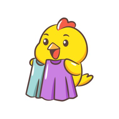 Göz kırpan bir piliç heyecanla elinde iki farklı renkli elbise ya da giysi tutuyor..