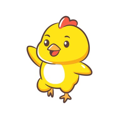 Mutlu sarı bir civciv tek kanadıyla havada zıplıyor..