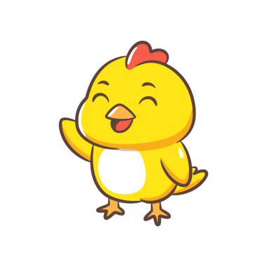 Bir kawaii sarı civciv çizimi mutlu bir yüz ifadesiyle kanadını sallıyor..