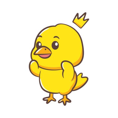 Sarı bir piliç kafasında küçük altın bir taç ile duruyor. Kendinden emin görünüyor..