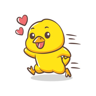 Mutlu bir piliç, heyecanını göstermek için arkasında pembe kalplerle hızla koşarken tasvir edilir..