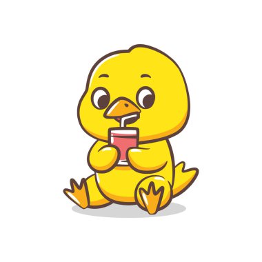 Tatlı sarı bir civciv, pipetli kırmızı bardaktan içerken rahatça oturur..