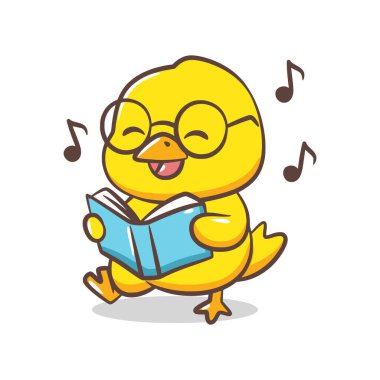 Gözlük takan yetenekli bir piliç müzik notalarıyla çevrili açık bir kitabı tutarken neşe içinde şarkı söyler..