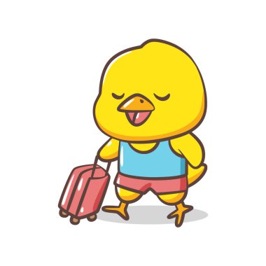 Mavi şortlu tatlı bir kız kırmızı bavulunu çekerken yürüyor..