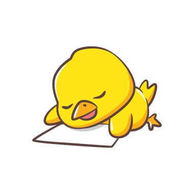 Odaklanmış sarı bir civciv kağıdın üzerine kalem çizerken karnının üzerine yatar..