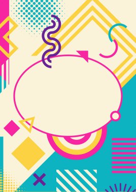 Bu tasarım, canlı geometrik şekiller, çizgiler ve eğri büğrü çizgilerle dekore edilmiş merkezi bir oval kopya uzayını içerir..