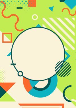 Soyut kütleler ve geometrik çizgilerle çevrili dairesel bir çerçeveye sahip açık yeşil ve yeşil bir yapı..