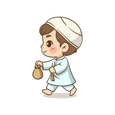 Geleneksel İslami kıyafetlerle yürüyen bir çocuğun karikatür çizimi, hikaye anlatma ve dini yolculuklar için harika..