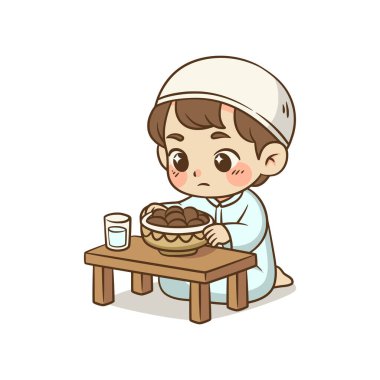 Bir kase yemek ve bir bardak su önünde sabırla oturan sevimli bir karakter çocuklara oruç tutmayı öğretmek için ideal..