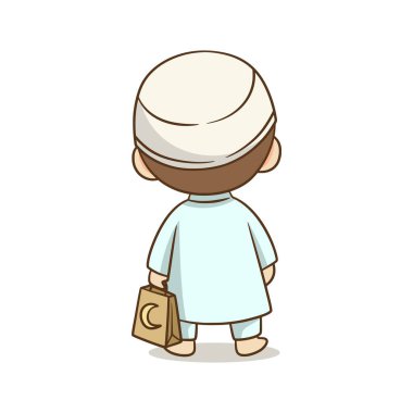 Hilal sembollü kahverengi bir çanta tutarken görülen bir karakter, bayram alışverişi veya hayırseverlikle ilgili kavramlar için uygundur..