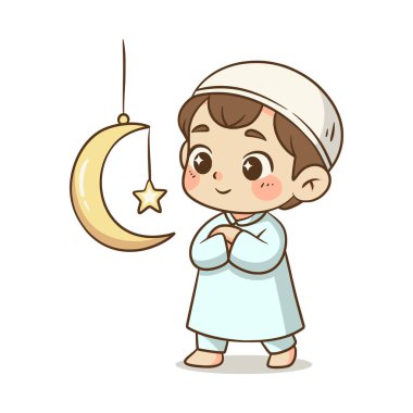 Asılan bir hilal ve yıldız sembolüne bakan genç bir çocuğun Kawaii vektörü, İslam festivali tasarımları için uygun..