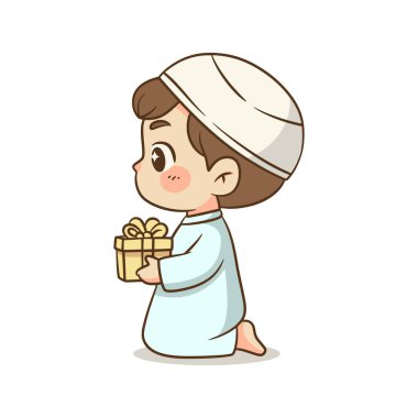 Kawaii karakteri, Kurban Bayramı ya da İslami temalar için mükemmel bir hediye veren bir çocuğun tasviri.