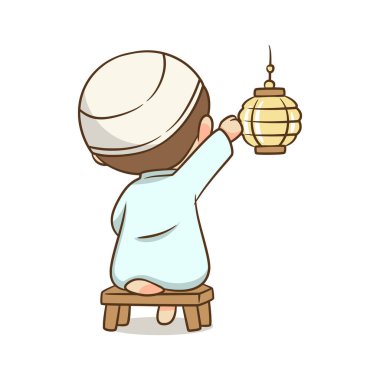 Ramazan dekorasyonu ve hazırlık kavramları için uygun bir fener yerleştiren bir çocuğun arka plan çizimi.