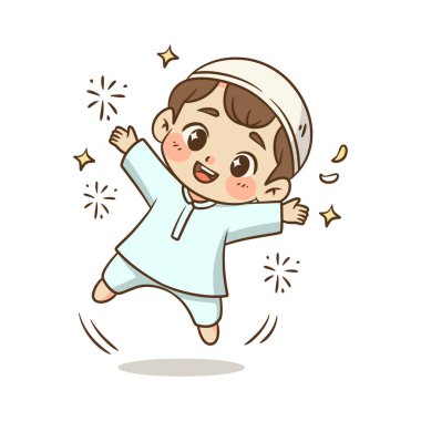 Kutlamaya atlayan neşeli bir çocuğun enerjik bir çizimi, bayram bayramı ya da bayram kutlamaları için ideal..