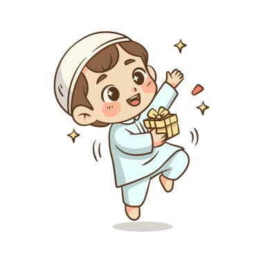 Bayram terfisi ya da festival davetiyeleri için mükemmel bir hediye taşıyan bir çocuğun dinamik bir çizimi..